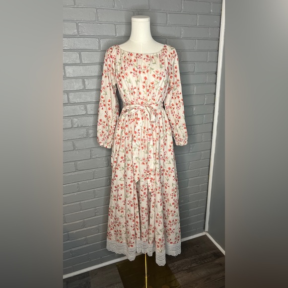 Linen Vibes Dresses & Skirts - Linen Vibes Floral Tie-Waist Maxi Dress in Cream and Coral Lace Hem Size XS